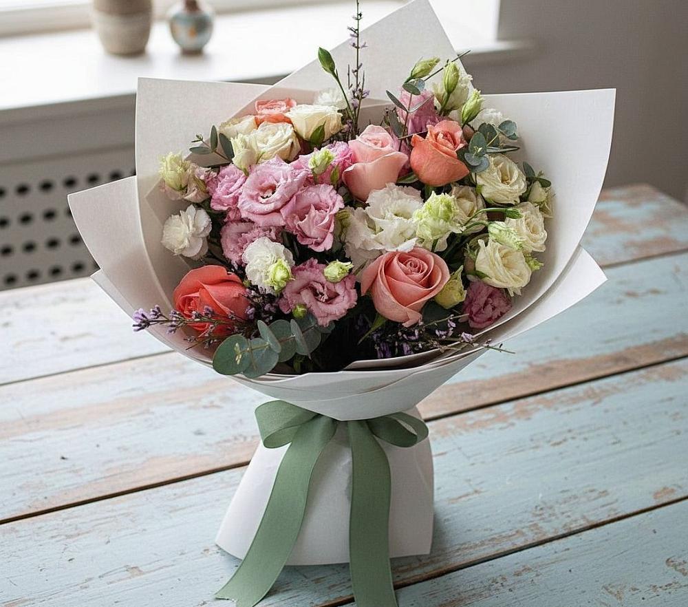 Букет цветов из: Розы, Лизиантусы и Гвоздики в Поселок санатория имени Герцена