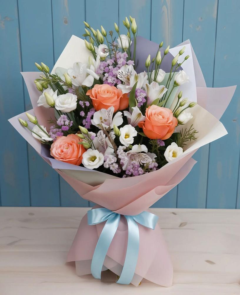 Букет цветов из: Лизиантусы, Розы, Альстромерии и Гипсофила в Поселок санатория имени Герцена