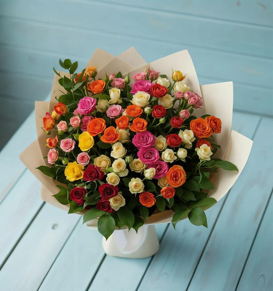 Букет Микс из разноцветных кустовых роз в Поселок санатория имени Герцена
